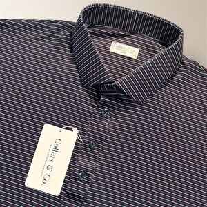 Collars & Co Mens L Navy Red Striped Featherweight Flex Relaxed Polo Golf Shirt